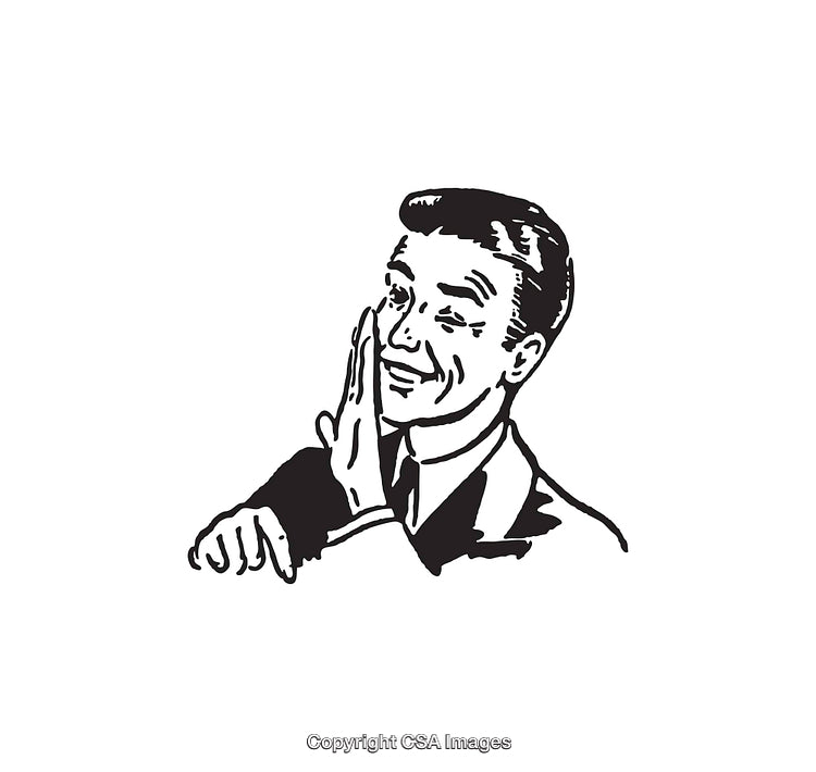 Vintage Black and White Art of a Smiling Person Whispering