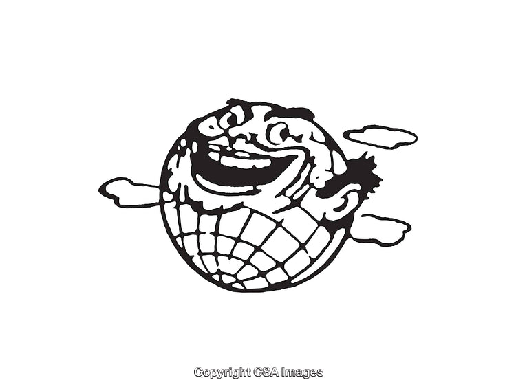 Playful Globe Illustration Featuring a Smiling Character Face and Clouds