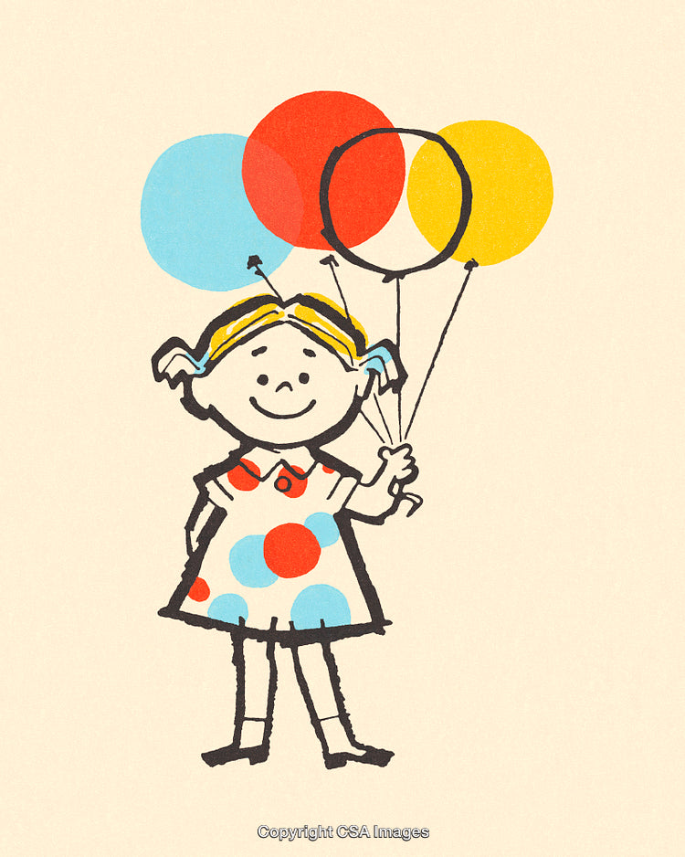 Illustrated Girl Holding Colorful Balloons in Retro Art Style