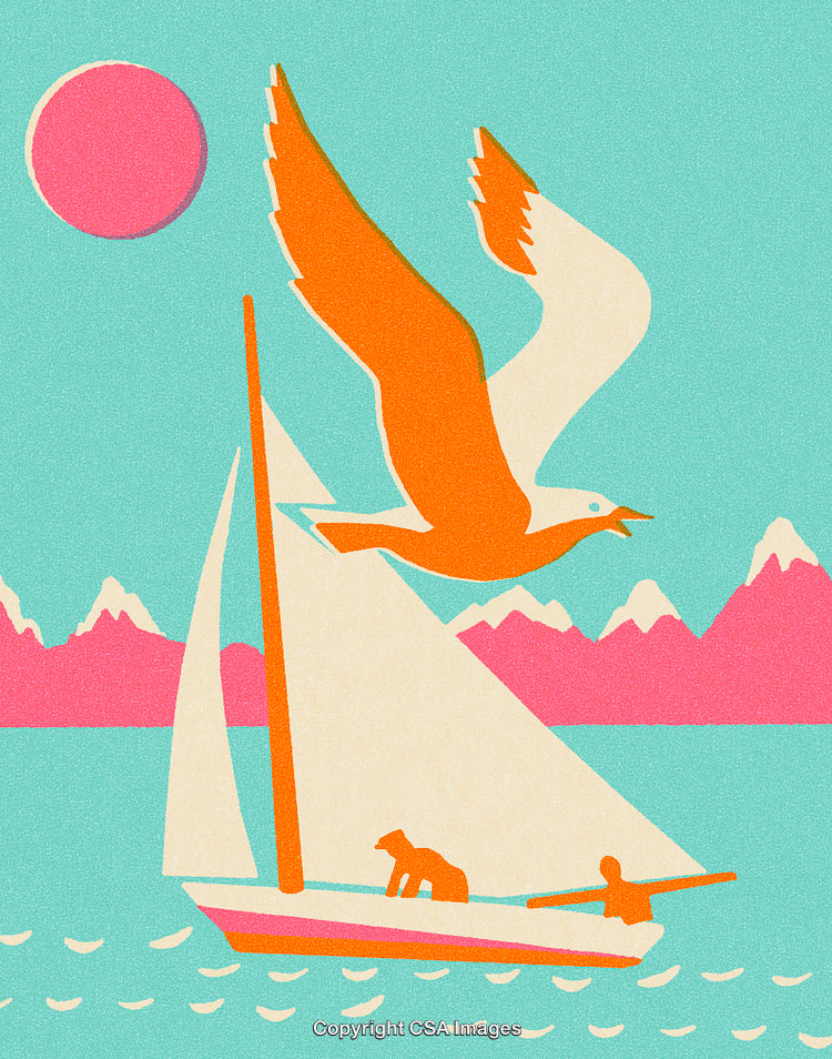 Bright Minimalist Illustration of Sailing Adventure with Seagull and Beautiful Backdrop