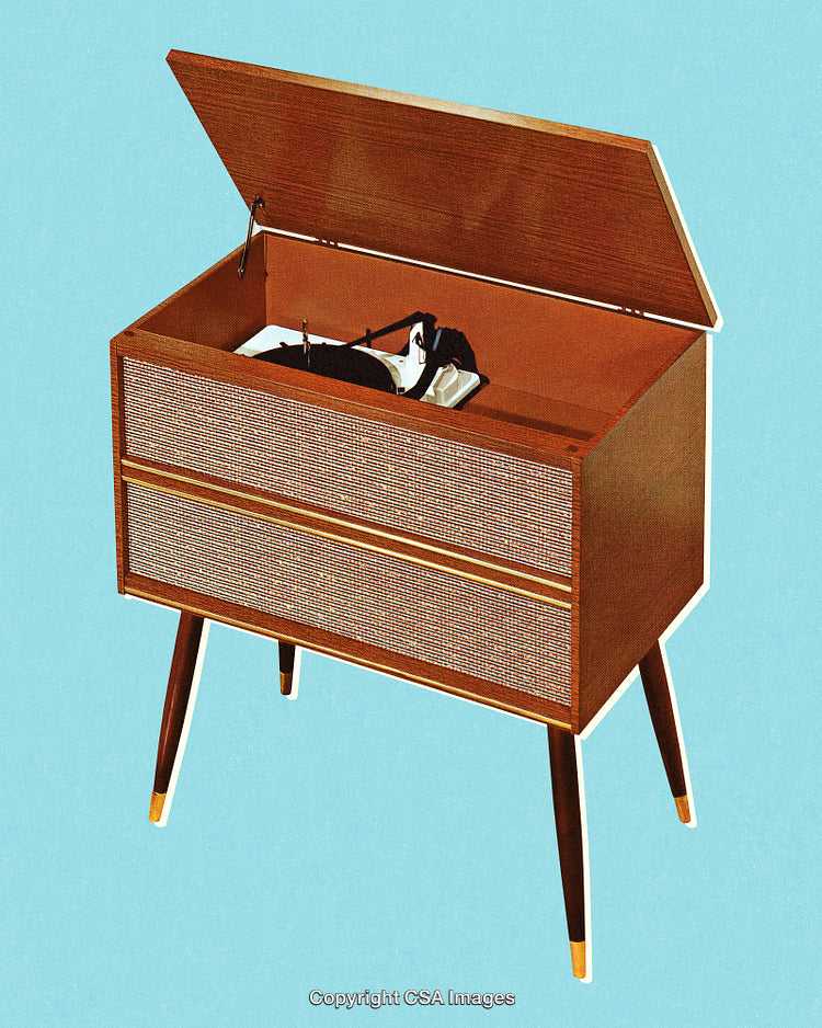 Stylish Mid-Century Modern Record Player Cabinet on Vibrant Blue Background