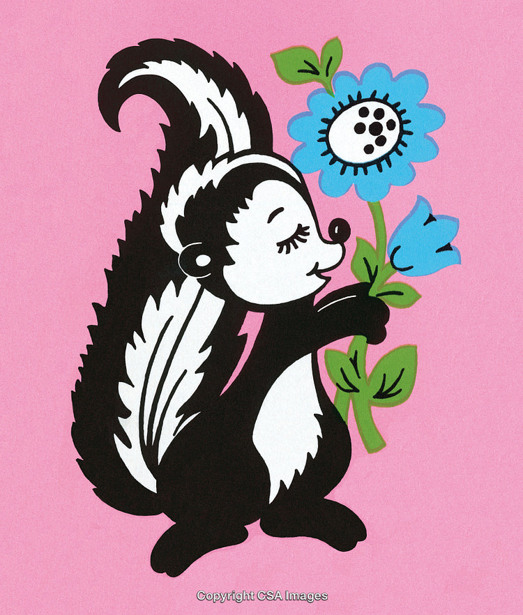 Cute Cartoon Skunk Holding Blue Flowers on a Pink Background