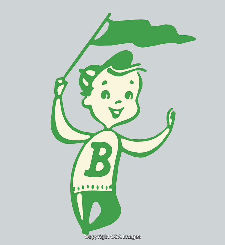 Vintage Green Line Illustration of Mascot Holding a Flag in Celebration