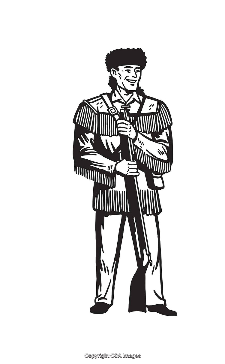 Black and White Illustration of a Frontier Hunter Holding a Rifle