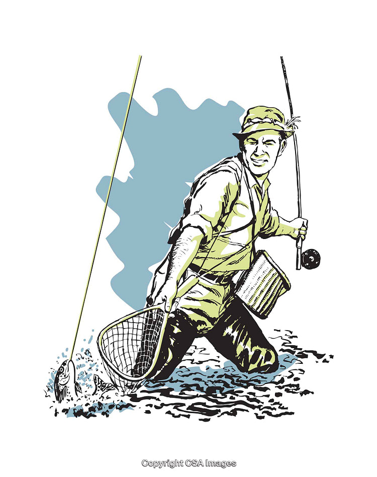 Vintage Illustration of an Angler Landing a Fish While Fly Fishing