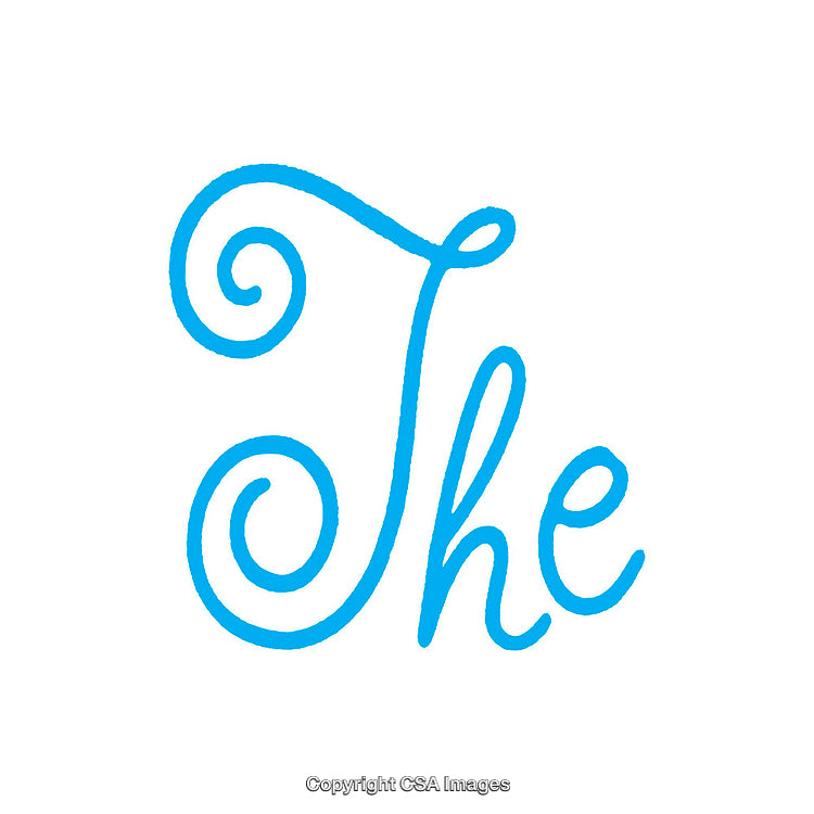 Swirly Calligraphy of the Word 'The' in Blue on White Background