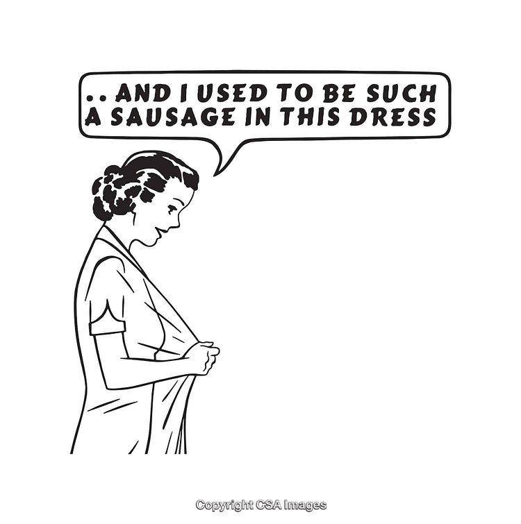 Retro Line Art of Woman Reflecting on Clothing Fit and Change