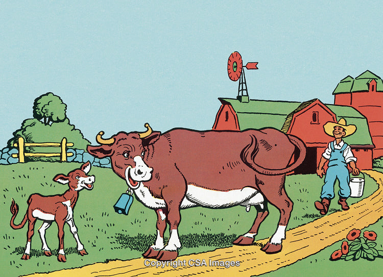 Farmyard Scene with Cows, Calf, and Farmer Near a Barn