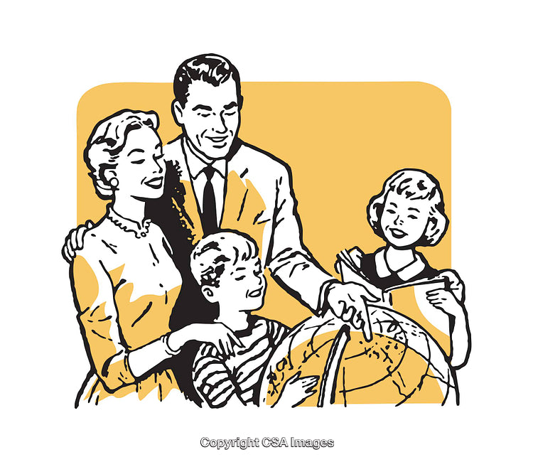 Retro Styled Family Looking at a Globe Map Illustration