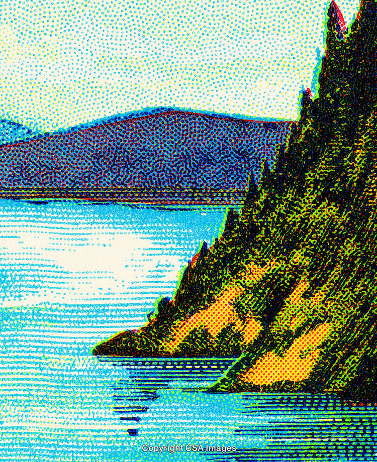 Colorful Illustration of a Mountain Landscape by a Serene Lake