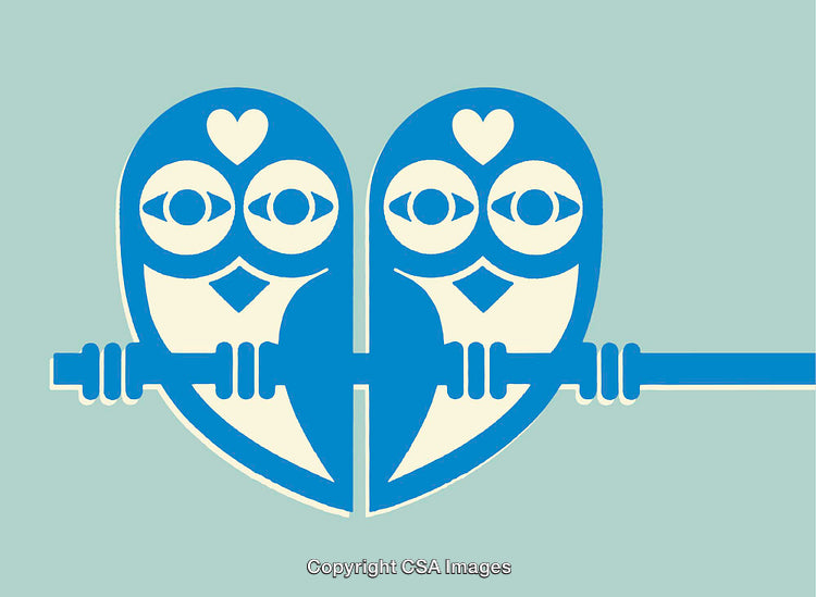 Blue Heart-Shaped Owls on a Perch Representing Love and Unity