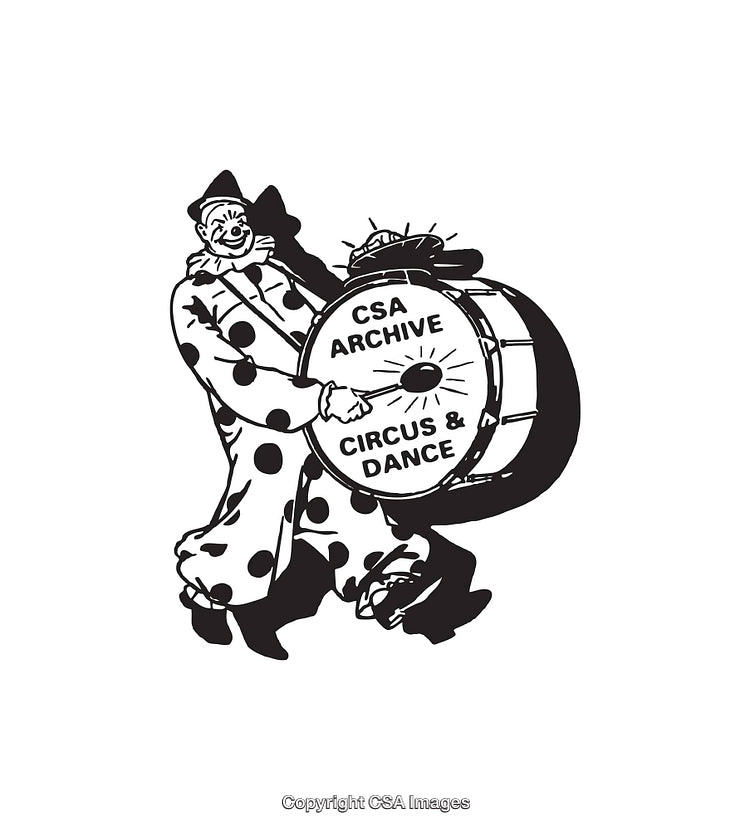 Black and White Circus Clown Playing Drum Illustration