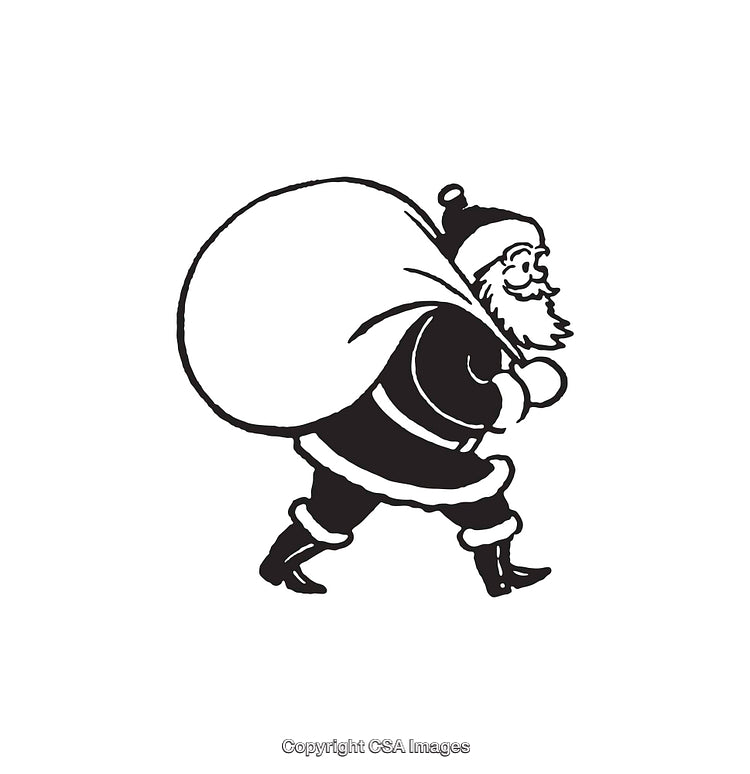 Black and White Line Art of Santa Carrying a Sack