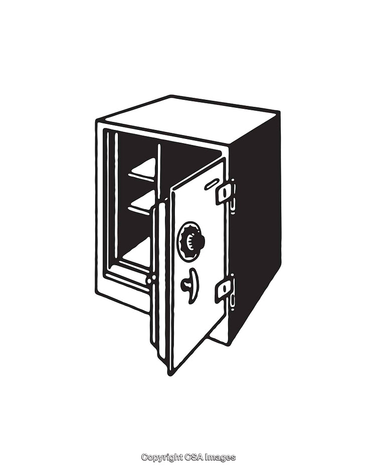 Black and White Line Art Illustration of an Open Vault Safe