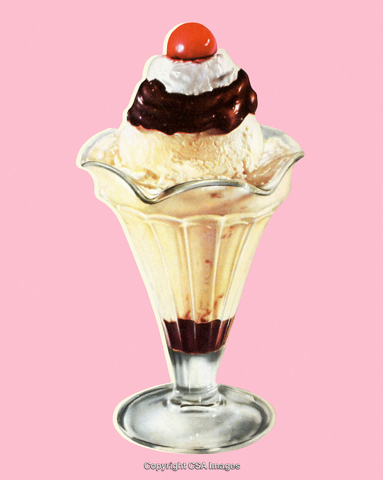 Delicious Ice Cream Sundae with Chocolate Sauce and Cherry on Pink Background
