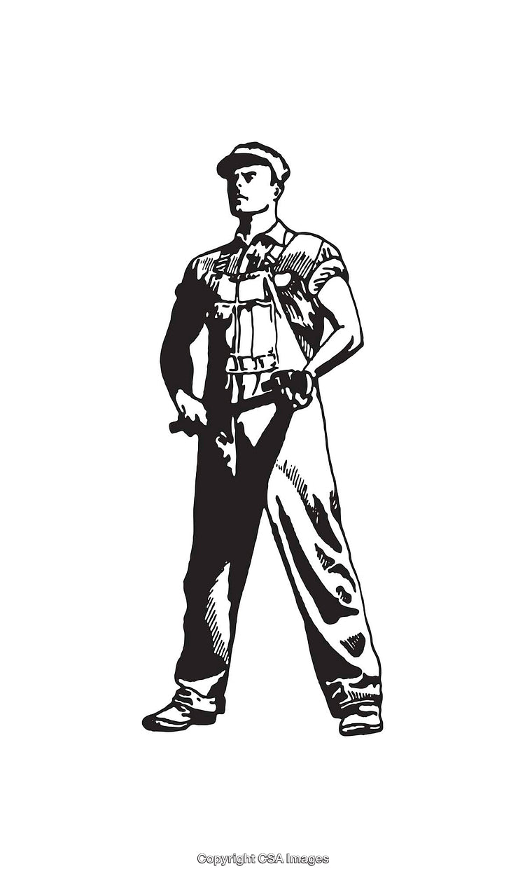 Black And White Line Art Illustration of a Worker in Overalls Posing