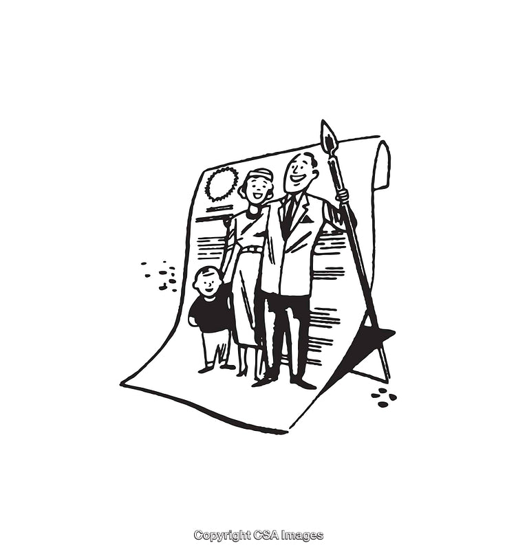 Black and White Line Art Illustration of a Happy Family Scene