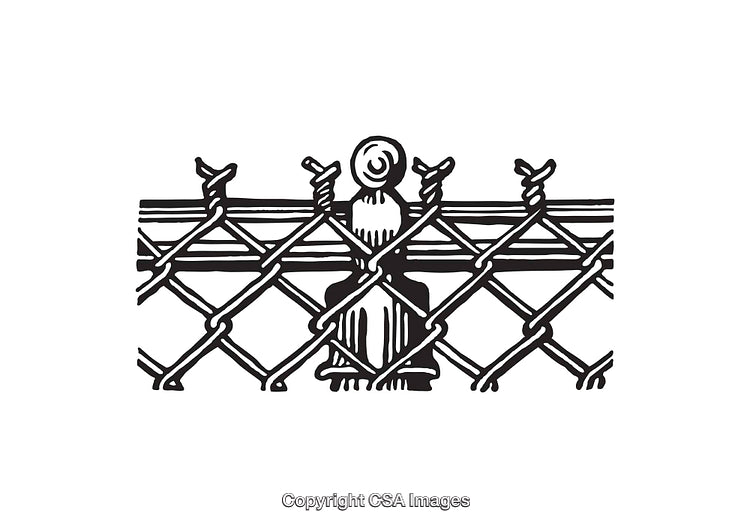 Detailed Black and White Illustration of a Chain-Link Fence with Barbed Wire