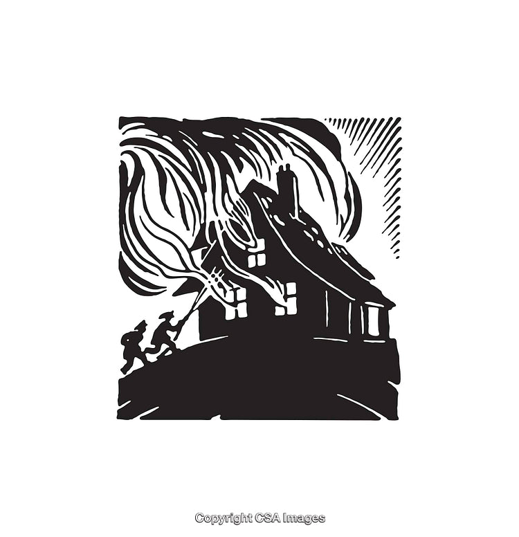 Black and White Illustration Depicting a Fire Scene with Firefighters