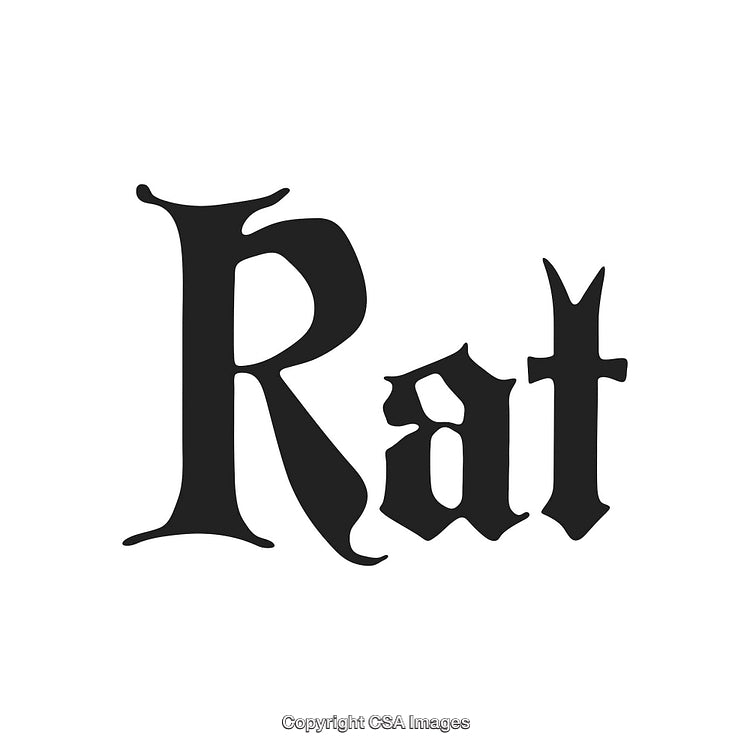 Stylized Gothic Typography Artwork Featuring the Word 'Rat' in Black on White