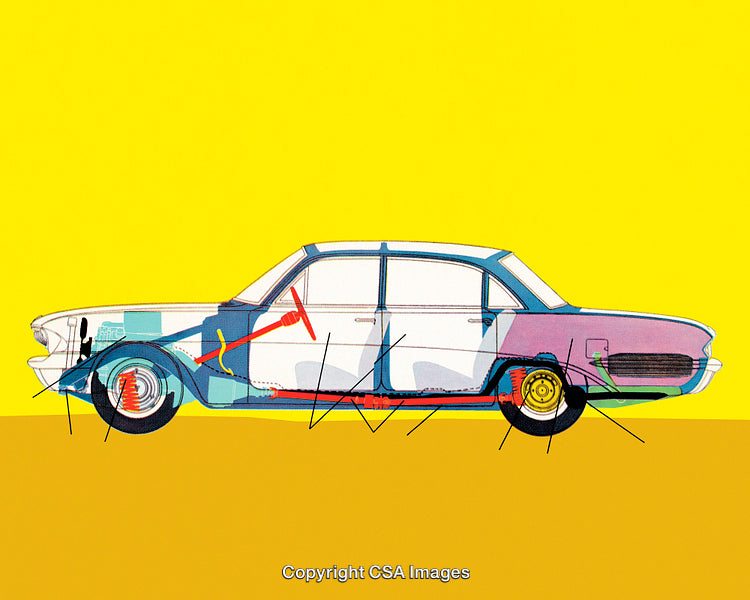 Vibrant Artistic Illustration of a Colorful Car on a Bold Yellow Background