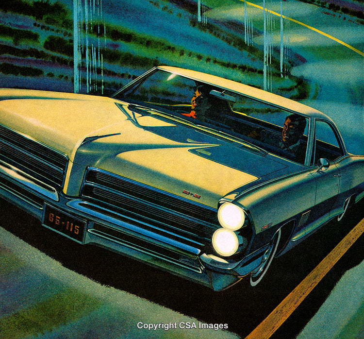 Retro Style Car with Passengers Driving on a Nighttime Highway