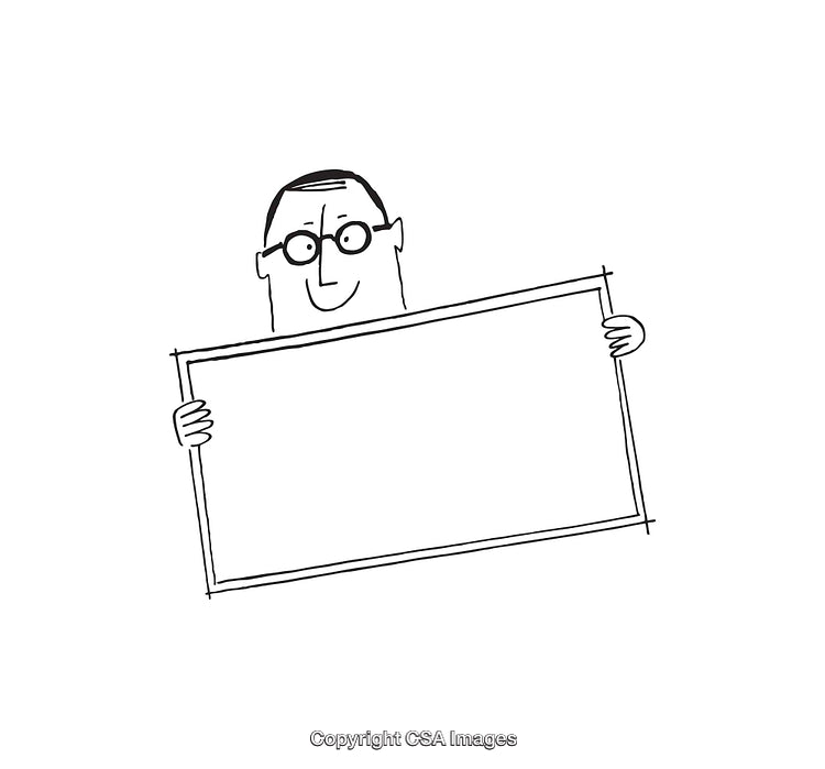 Cartoon Figure Holding a Blank Horizontal Sign with Smiling Expression