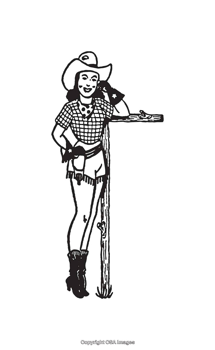 Cowgirl Illustration Leaning Against Wooden Post in Black and White Line Art