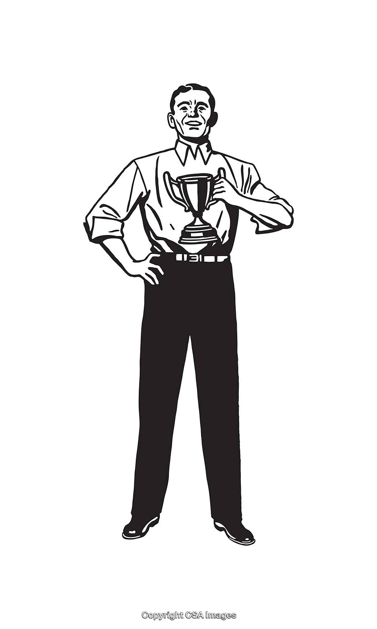 Line Art Illustration of a Man Holding a Trophy in a Victory Pose