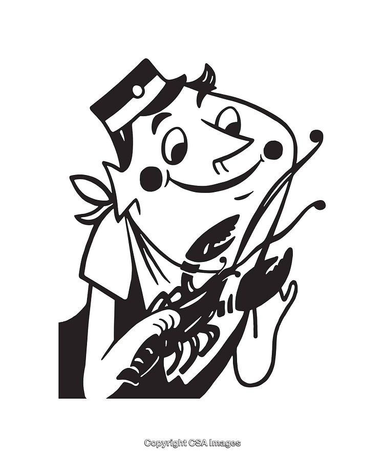 Black and White Illustration of a Person with Lobster in Retro Style