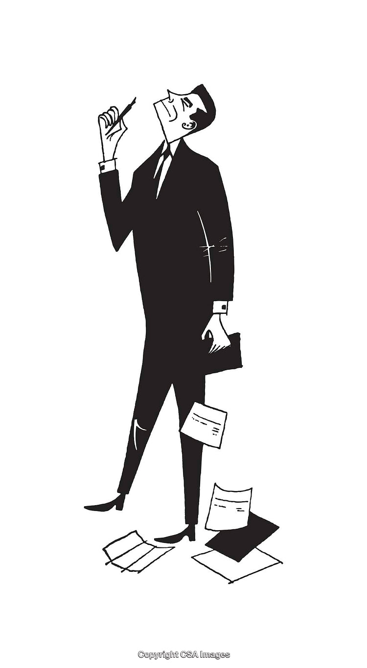 Businessman Contemplating Ideas with Documents Flying in a Modern Design