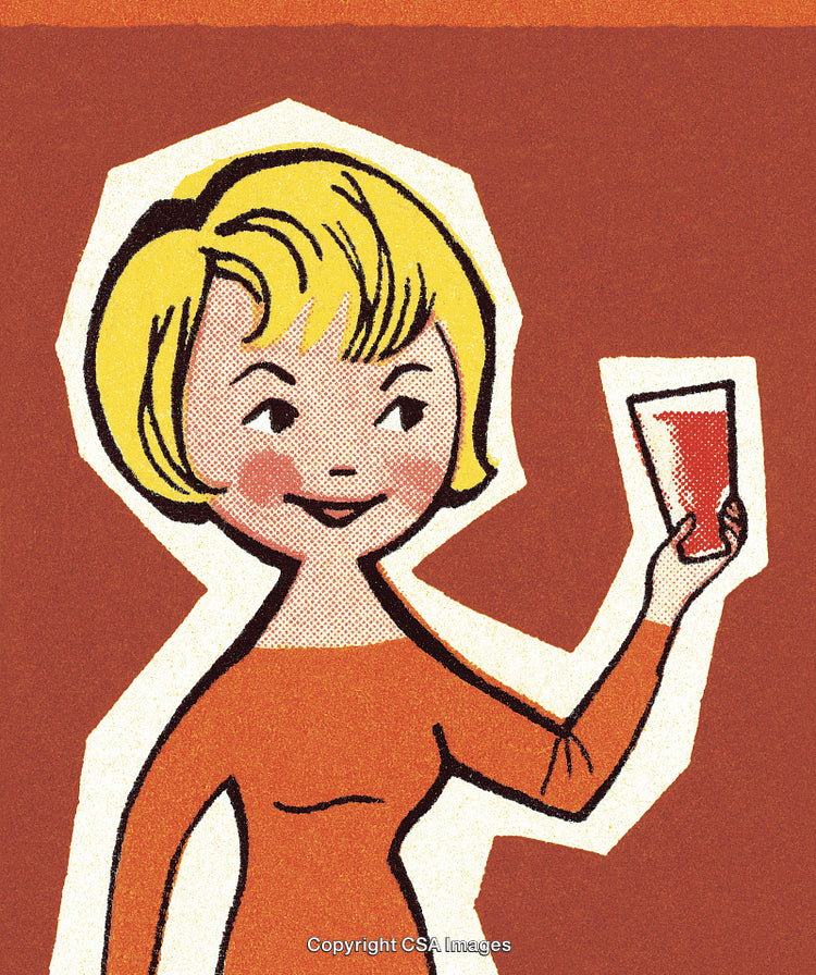 Retro Illustration of Woman Holding Beverage in Cartoon Style