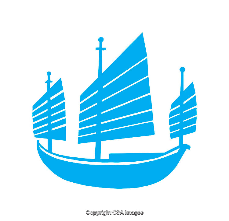 Blue Icon of a Chinese Junk Sailing Boat with Three Sails