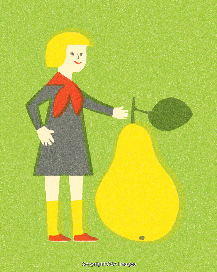 Illustration of a Child with a Vibrantly Colored Pear on Grass