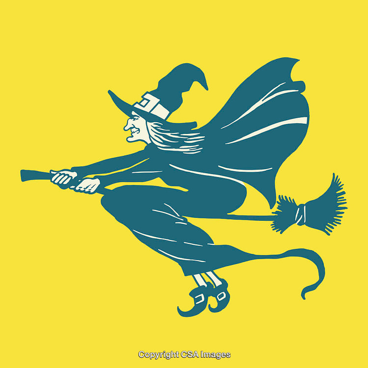Flying Witch Illustration with Broomstick on Yellow Background with Simplistic Design