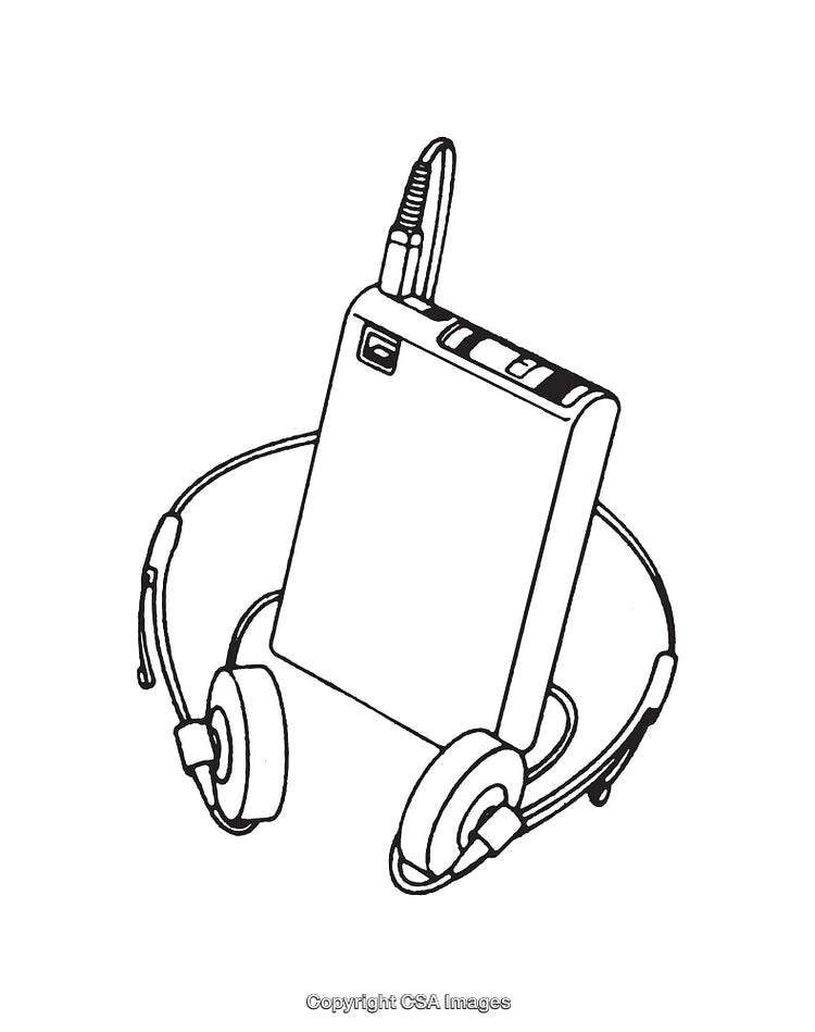 Black and White Line Art of a Portable Music Player With Headphones