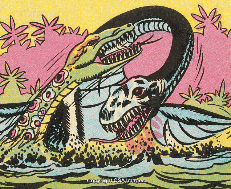 Vintage Illustration of Two Prehistoric Sea Creatures Battling in a Vibrant Scene