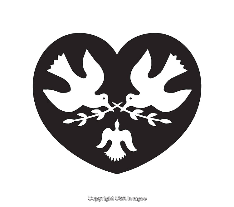 Black and White Illustration Featuring Doves, Heart, and Peace Symbol