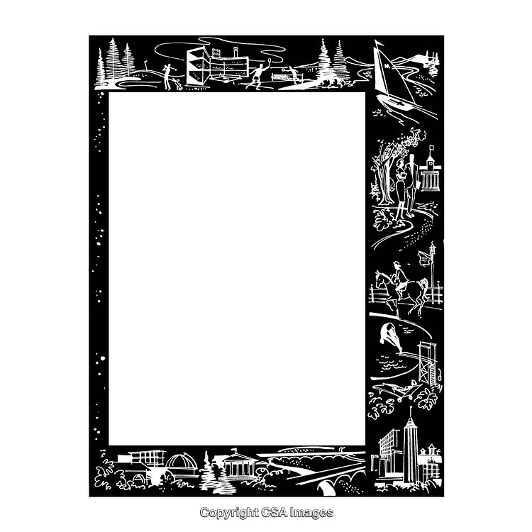 Black and White Decorative Border with Illustrative Scenic Motifs