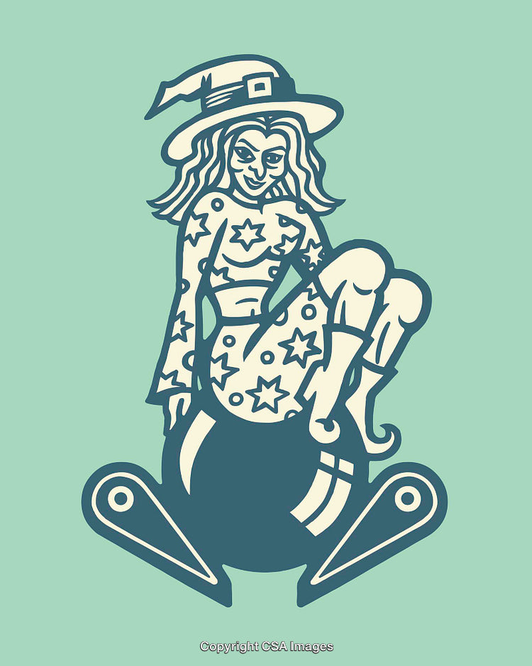 Illustrated Witch Sitting on Magical Object with Playful Style
