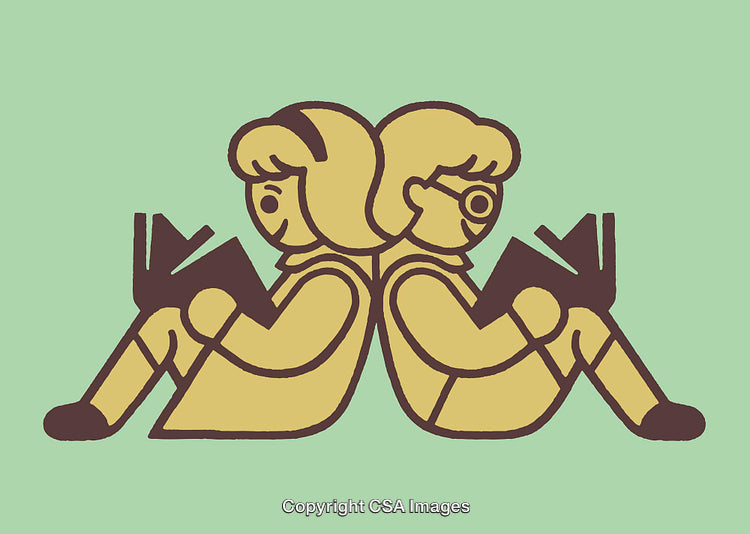 Illustration of Two Characters Reading Books on a Green Background