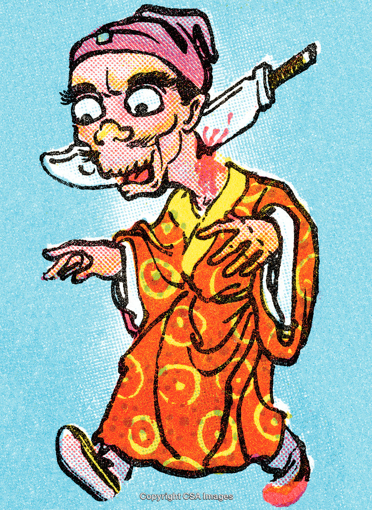 Colorful Cartoon of a Character With a Knife in Their Neck
