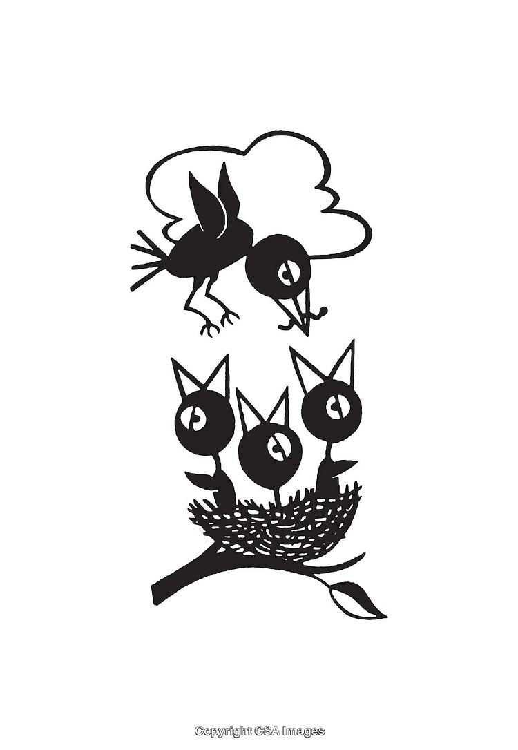 Black and White Illustration of Bird Feeding Chicks in Nest