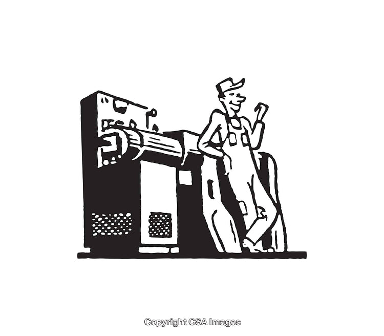 Retro-Inspired Line Illustration of Worker with Industrial Machinery