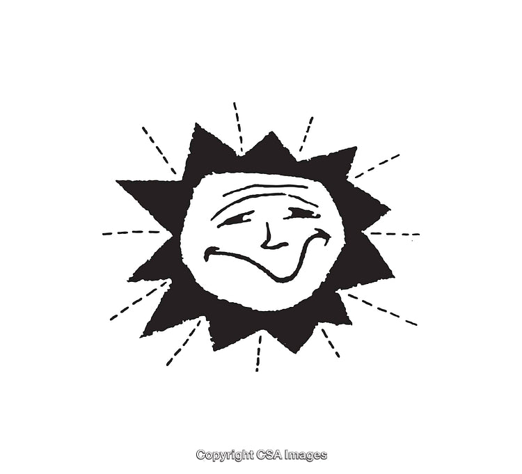 Black and White Illustration of a Smiling Sun with Radiant Rays