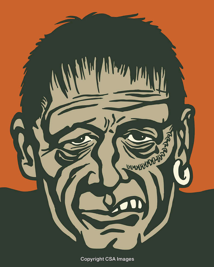 Retro Stylized Frankenstein Illustration with Bold Orange and Green Colors