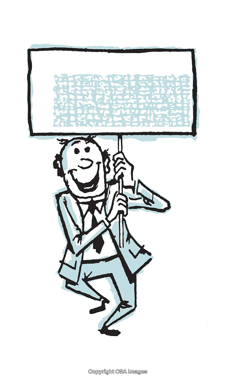 Cheerful Businessman Holding a Blank Sign with Joyful Expression