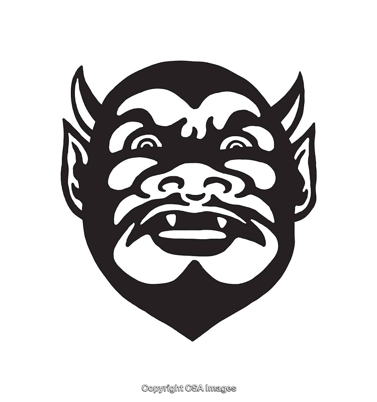 Black and White Line Art Demon Face Illustration Rendered in Bold Style