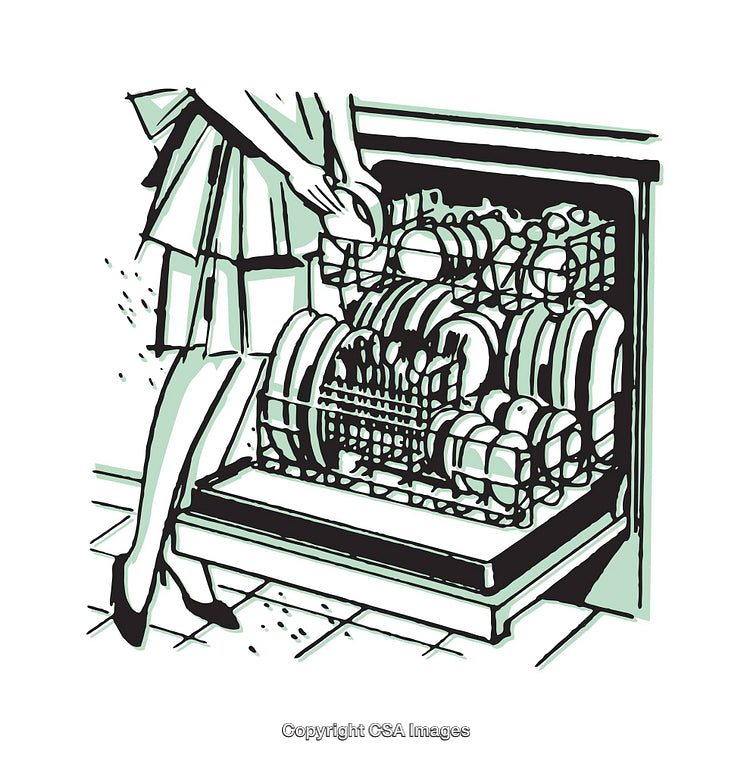 Woman Loading a Modern Dishwasher in a Retro Illustration Style