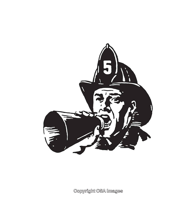 Retro Firefighter Illustration Using Megaphone in Black and White Art Style
